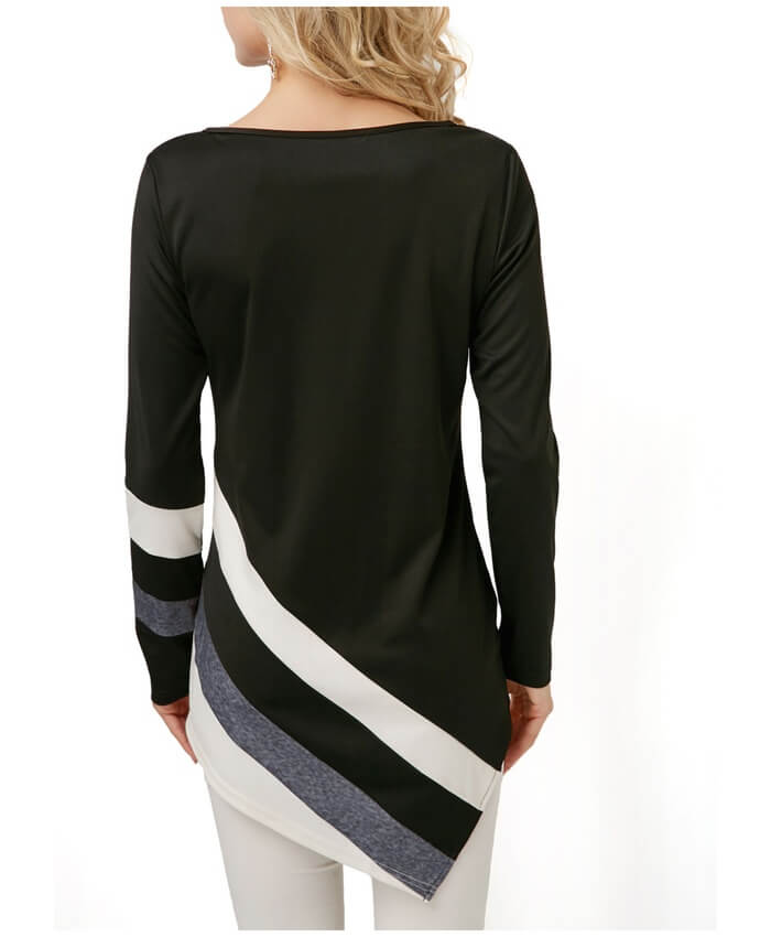 Asymmetric Hem Patchwork Long Sleeve T Shirt